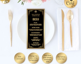 Printable Menu Card Template, Great Gatsby Style Art Deco Menu, Black And Gold Menu, DOWNLOAD Instantly, EDITABLE Text in Corjl, GG19