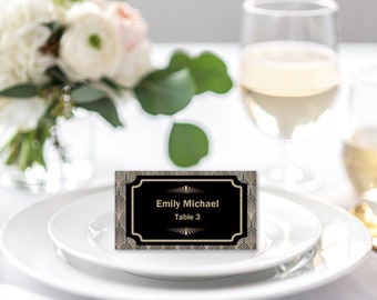 Gran Gatsby estilo Art Déco boda escort tarjeta plantilla, lugar estilo de la tienda de la tarjeta, oro negro - descarga instantánea, texto editable en la palabra, GG08