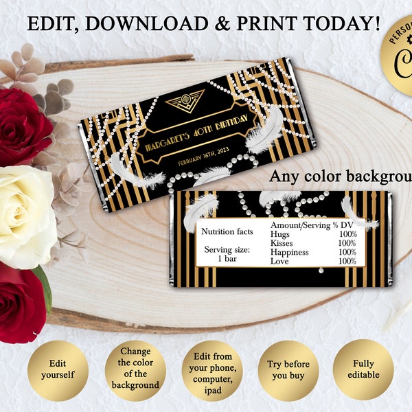 Printable Candy Bar Wrapper, Black And Gold, Art Deco, Great Gatsby, 30th 40th 50th 60th 70th 80th - Digital File, Editable in Corjl, GG29