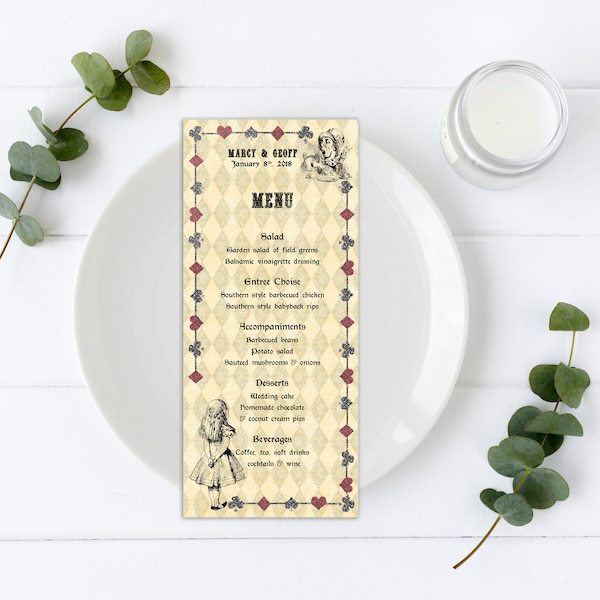 Printable Menu Card Template, Alice in Wonderland, Wedding, Birthday, Table Decoration - DOWNLOAD Instantly, Editable Text in Word, AW01