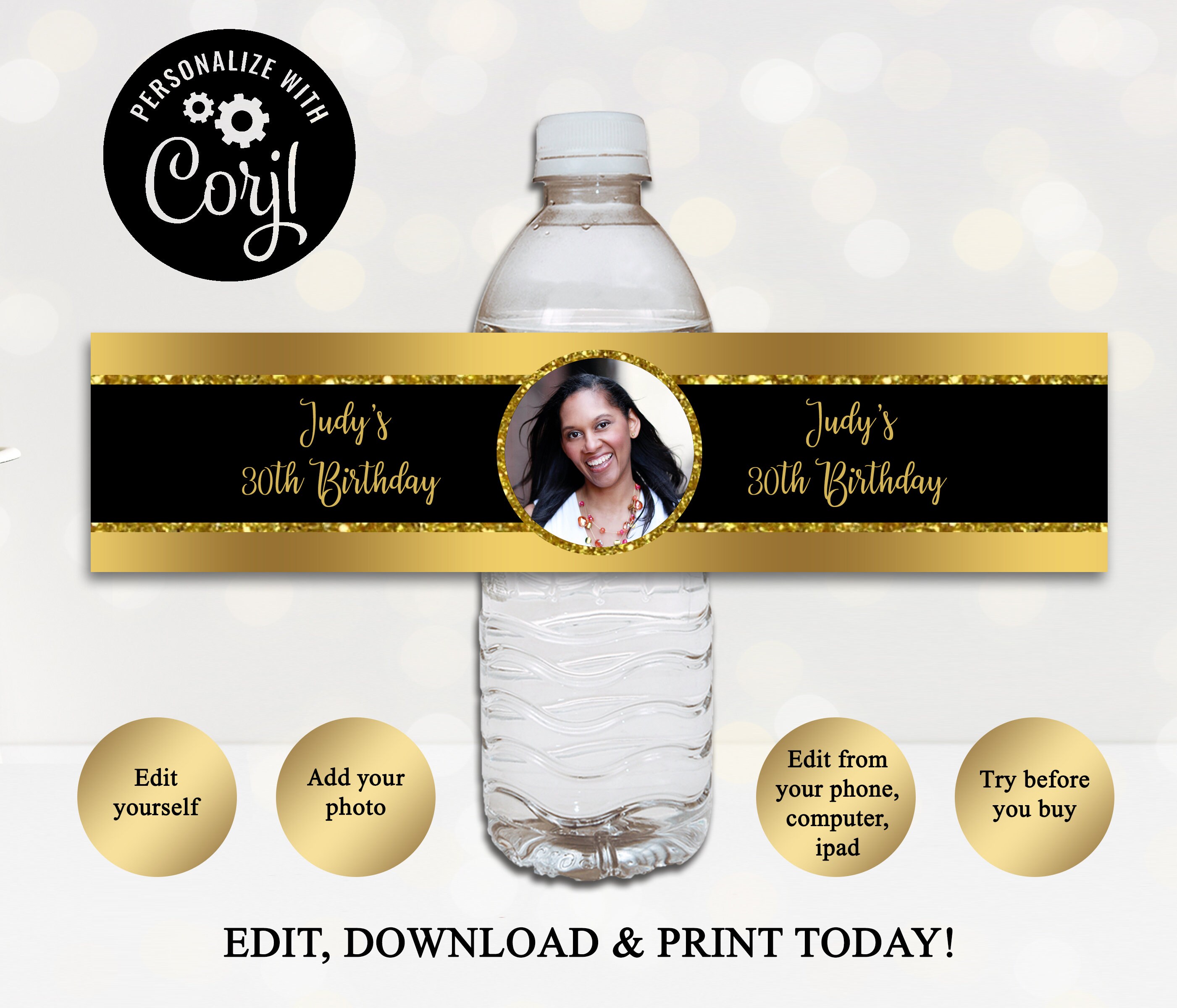 Black and Gold Water Bottle Label With Photo Birthday - Etsy ...