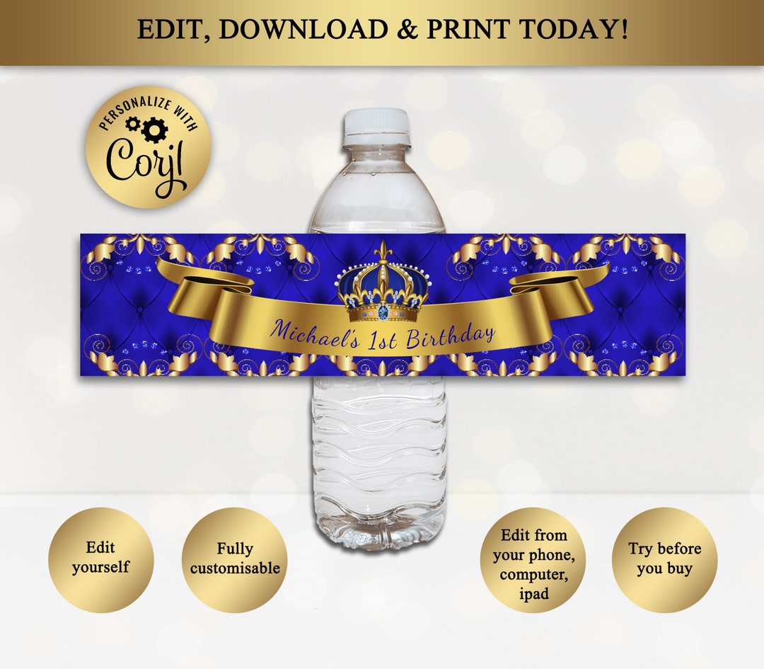 Crown Water Bottle Label, Blue and Gold Birthday Party Decoration ...