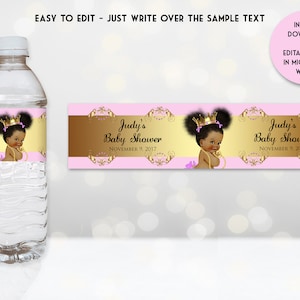 Printable Princess Baby Shower Water Bottle Labels, Pink and Gold Bottle Labels, Digital File, EDITABLE text, Microsoft® Word Format, BSGP01 image 1