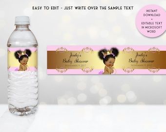 Printable Princess Baby Shower Water Bottle Labels, Pink and Gold Bottle Labels, Digital File, EDITABLE text, Microsoft® Word Format, BSGP01