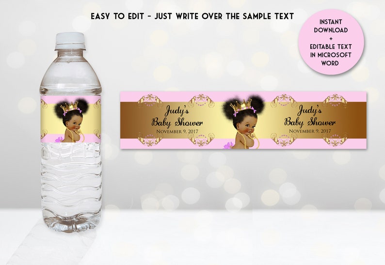 Printable Princess Baby Shower Water Bottle Labels, Pink and Gold Bottle Labels, Digital File, EDITABLE text, Microsoft® Word Format, BSGP01 image 1