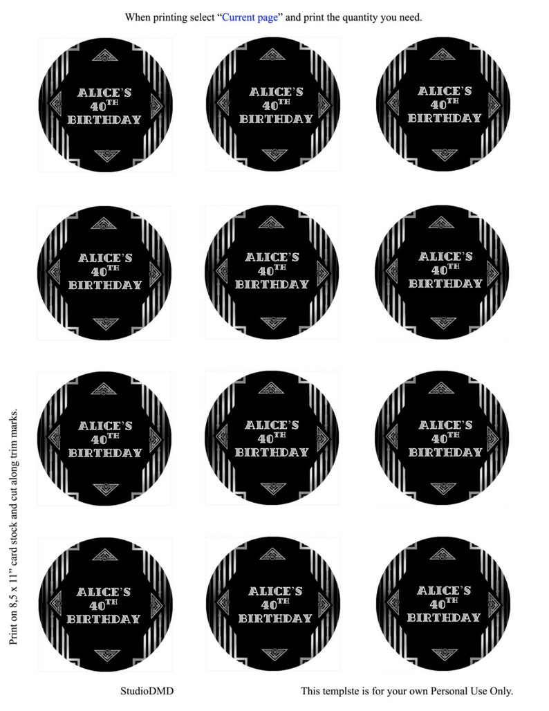 Great Gatsby Art Deco Cupcake Toppers Stickers Labels Black | Etsy