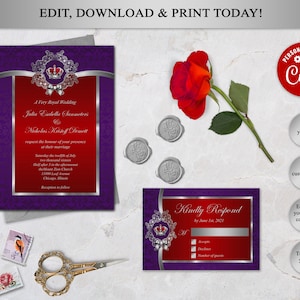 Printable Royal Wedding Invitation Set, Red Purple Silver, Crown Invitation, Elegant Wedding Invitation, Instant Download, Corjl