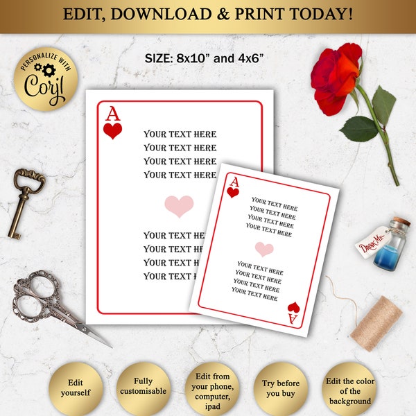 Playing Card Casino Editable Template, Menu, Program, Signs for any Event, 8x10" and 4x6", DOWNLOAD Instantly, Editable in Corjl, AW02