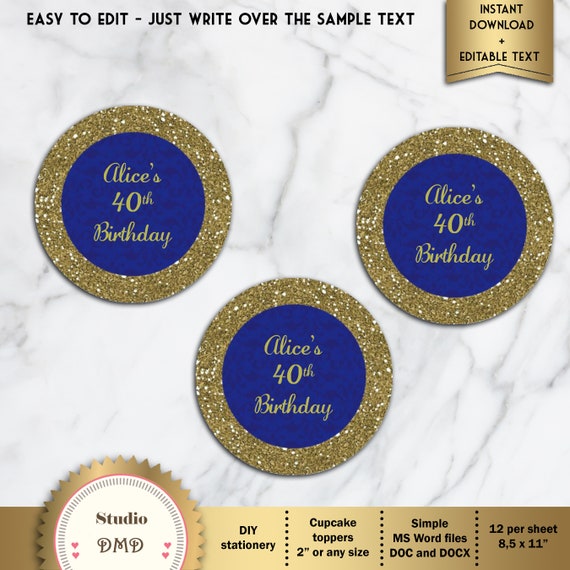 Printable Cupcake Toppers, Stickers, Labels, Royal Blue and Gold Glitter – EDITABLE text, DOWNLOAD Instantly, Microsoft® Word Format, WB14