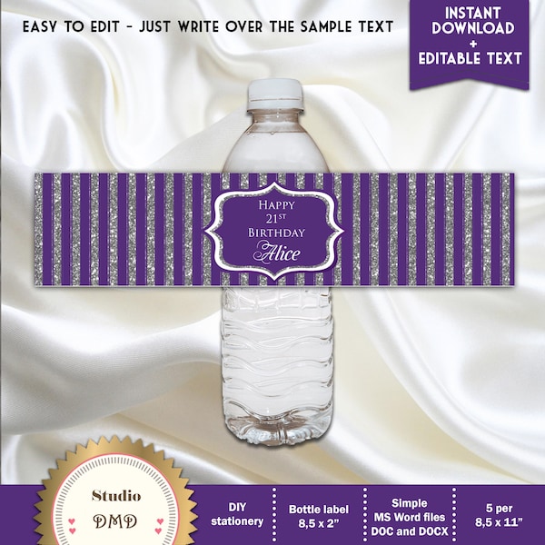 Printable Water Bottle Labels, Purple Silver, Birthday, Bridal Shower, Wedding - Digital File, EDITABLE text, Microsoft® Word Format, WB23