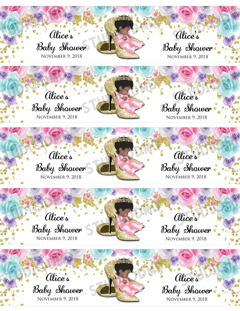 Microsoft\u00ae Word Format Pink Gold Printable Princess Baby Shower Water Bottle Labels Digital File Baby Girl BSG01 EDITABLE text Roses