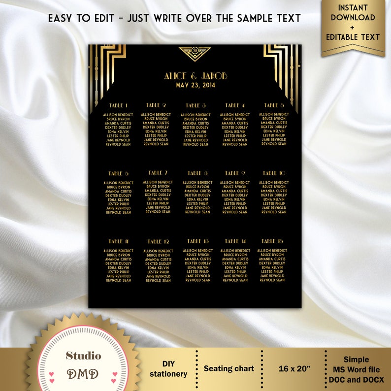 Art Deco Great Gatsby Inspired Microsoft\u00ae Word Format Black and Gold GG01 Wedding Seating Chart EDITABLE TEXT DOWNLOAD Instantly