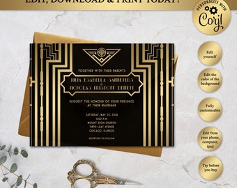 Great Gatsby Style Art Deco Wedding Invitation, 1920's Wedding Invitation, Roaring Twenties, Black and Gold, Editable In Corjl, GG01