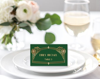 Great Gatsby Style Art Deco Wedding Escort Card Template, Place Card Tent Style, Emerald Green, Gold, Instant DOWNLOAD, EDITABLE TEXT, GG04