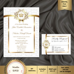 Printable Royal Wedding Invitation Set, White and Gold, Crown Invitation, Elegant Wedding Invitation Printable Or Printed image 2