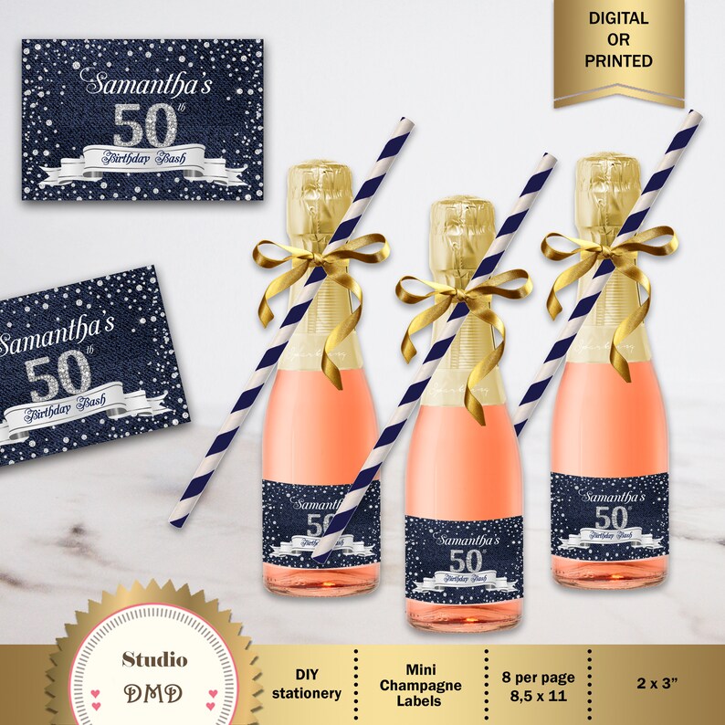Mini Champagne Or Wine Bottle Labels Denim and Diamonds Birthday Party Decoration Party Favors Printed or Digital WB08