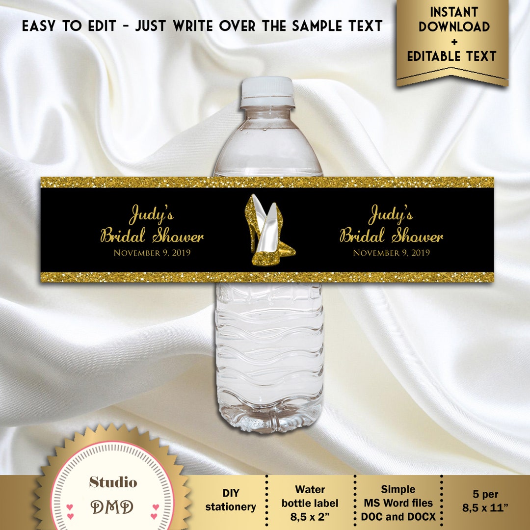 Printable Water Bottle Labels, Black Gold, High Heels, Birthday, Bridal ...