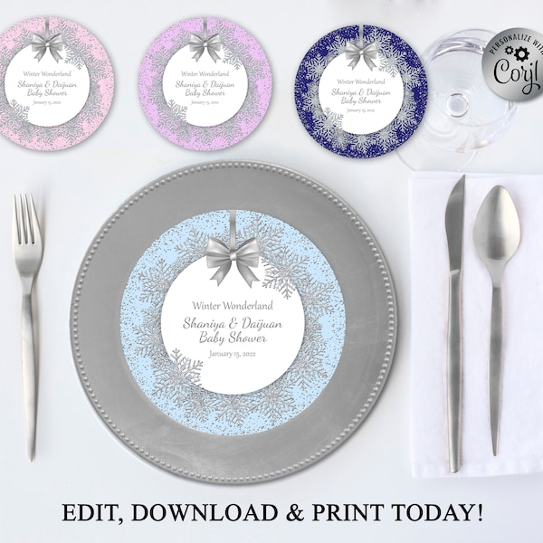 Printable Charger Plate Insert Or Centerpiece, Winter wondwerland, Baby Shower, Sweet 16, Silver, Instant DOWNLOAD, EDITABLE In Corjl, BSBW0