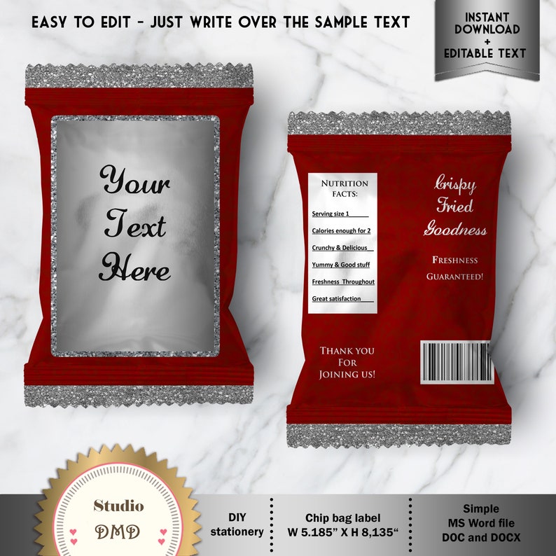 WB12 EDITABLE text Anniversary Gala Night Prom DOWNLOAD Instantly Birthday Party Baby Shower Red and Silver Chip Bag Wrapper Labels