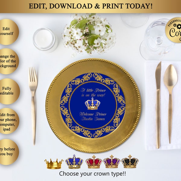 Printable Charger Plate Insert Or Centerpiece, Royal Baby Shower, Baby Boy, Blue And Gold, DOWNLOAD Instantly, EDITABLE In Corjl, BSB01