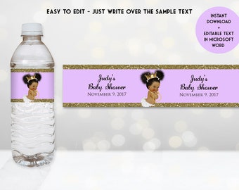 Printable Baby Shower Water Bottle Labels, Little Princess, Royal Baby Shower, Lavender Gold, Digital File, EDITABLE text, Word Format, BS53