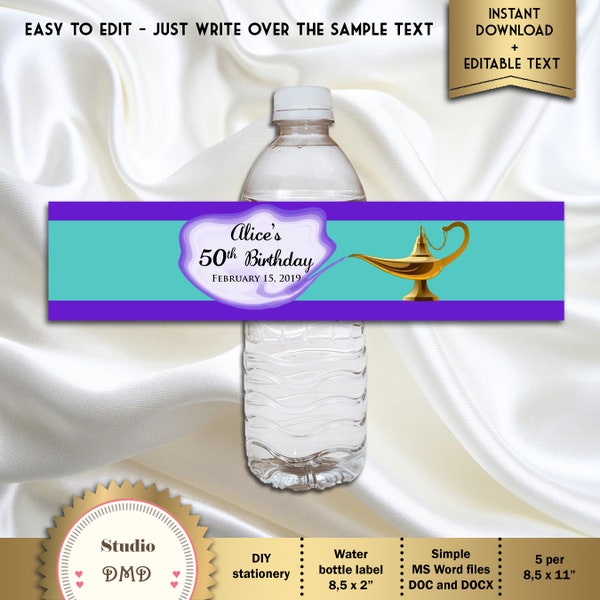 Printable Aladdin Lamp Water Bottle Labels, Purple, Turquoise, Arabian Nights, Digital File, EDITABLE text, MS Word Format
