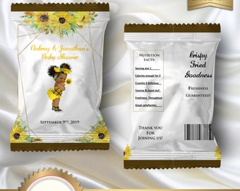 Printable Chip Bag Wrapper Labels, Sunflower Greenery Baby Shower, Baby Girl, Yellow, Floral, EDITABLE text in Word, Instant DOWNLOAD, BS57