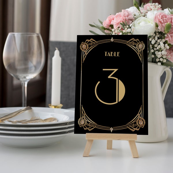 Great Gatsby Art Deco Table Cards, Table Numbers, Table Decoration, 1920's, 20's Style, Black and Gold - Instant Download, GG02