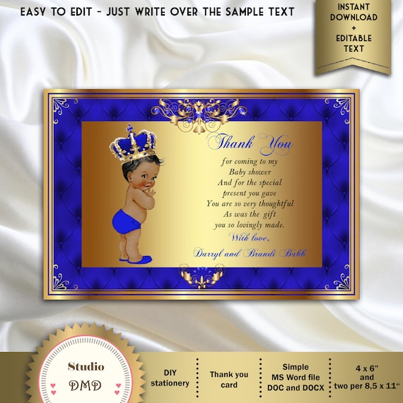 DIY SPANISH Royal Prince Thank You Cards Baby Shower Editable in Acrobat Reader 4x6 Blue and Gold Instant Download Birthday RPBBG1