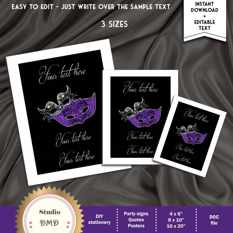 Poster WB06 EDITABLE TEXT in Microsoft Word Printable Masquerade Ball Signs Template Birthday Party Signs DOWNLOAD Instantly Quote