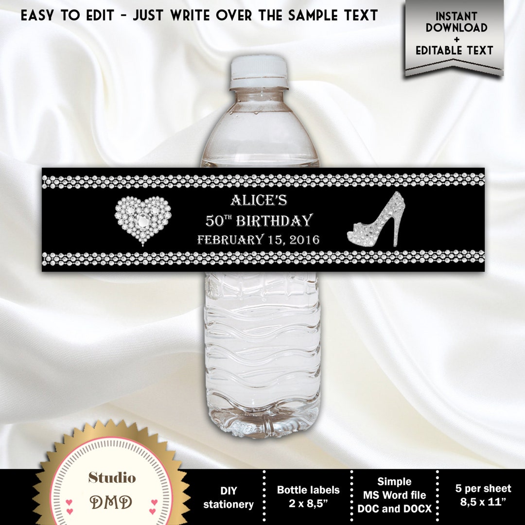 Printable Water Bottle Labels, Elegant Black and Silver Crystal Shoe ...