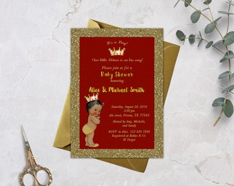 Prince Baby Shower Invitation, Little Prince, Royal Baby Shower Invitation, Baby Boy, African American, Red - Printable, Digital file, BBS05