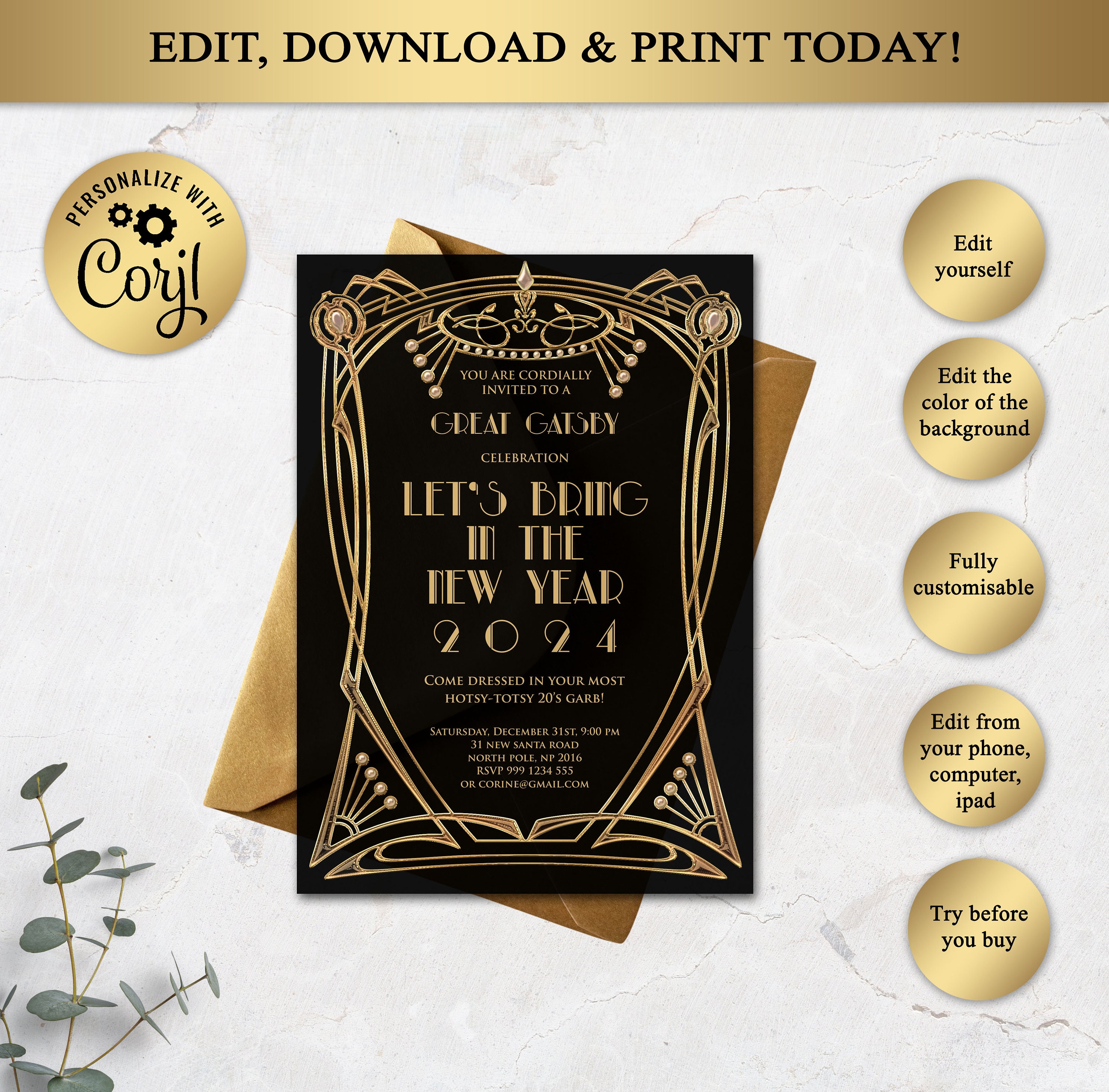 Gatsby New Year Decor, Gatsby Party Decorations, New Year Eve Party  Decorations, Printable Party Decor, Instant Download, Gold and Black 