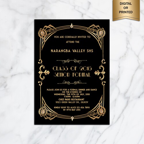 Great Gatsby Style Art Deco Prom Invitation Roaring Twenties Etsy