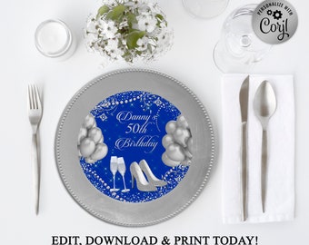 Printable Charger Plate Insert Or Centerpiece, Royal Blue, Silver, High Heels, 30th 40th 50th 60th 70th, DOWNLOAD Instantly, Corjl, WB09