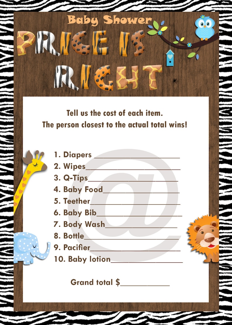 Jungle Animals Safari Baby Shower Price is Right Game Etsy