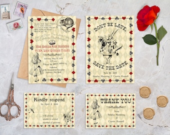 Alice au pays des merveilles Wedding Invitation Set, RSVP Card, Thank You Card, Save the Date, Mad Hatter Tea Party - Imprimable ou imprimé, AW01