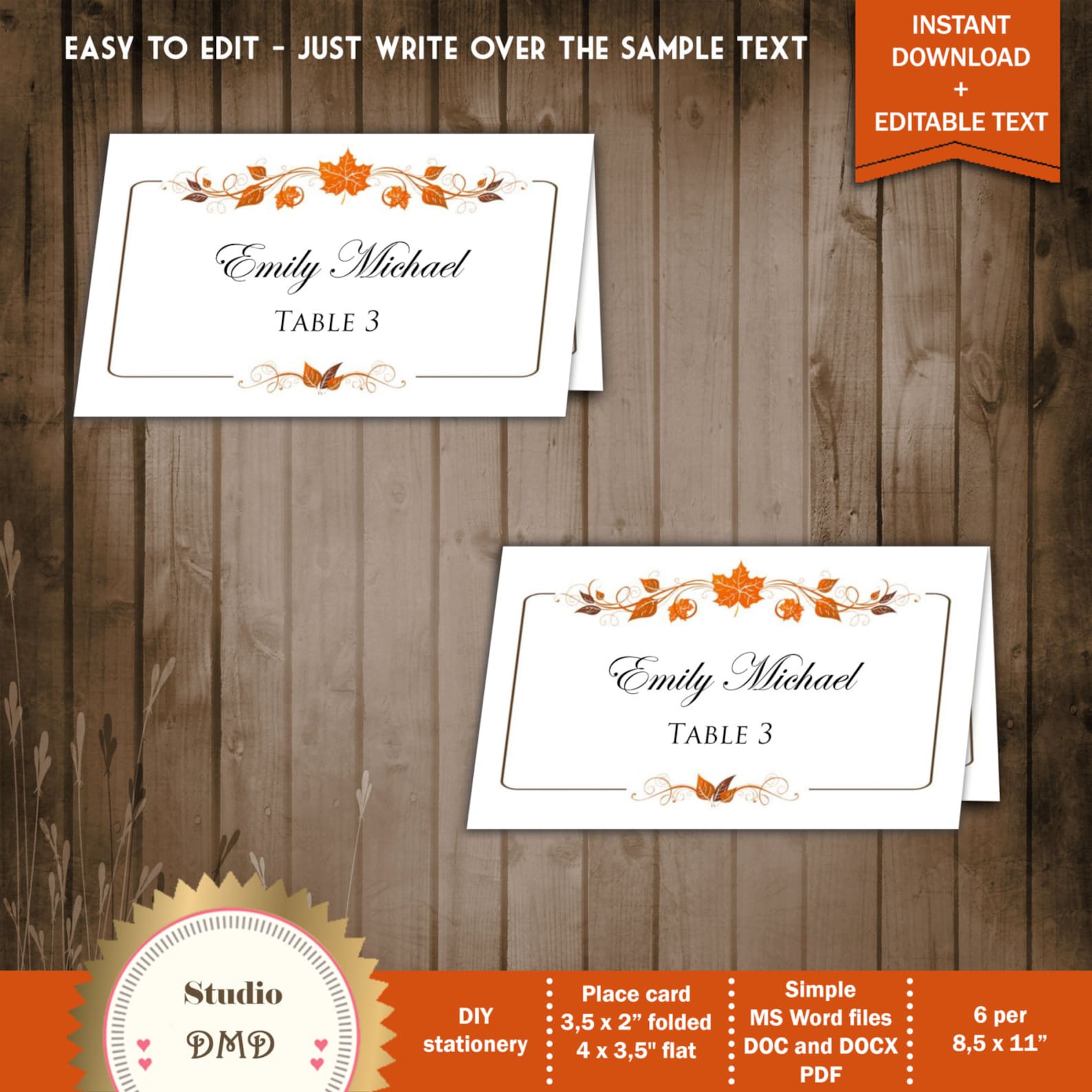 Wedding Escort Card Template Place Card Tent Style Autumn - Etsy