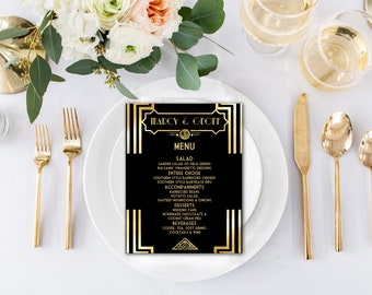 Printable Menu Template, Art Deco Great Gatsby Inspired, Wedding Menu, Black and Gold - EDITABLE TEXT - Microsoft® Word Format, GG01