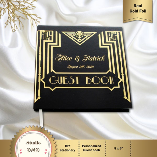 Real Gold Foil Wedding Guest Book, Guests Sign In, Personalized, Great Gatsby Inspired, Art Deco, Roaring 20's, Black and Gold, GG01