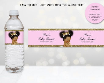 Printable Pink and Gold Baby Shower Water Bottle Labels, Little Princess, Baby Girl - Digital File, EDITABLE text Microsoft® Word, BSPG01