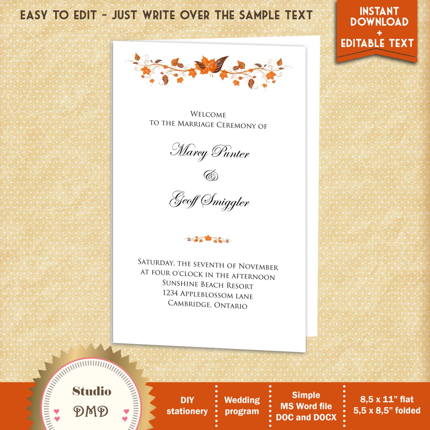 Printable Wedding Program Template Autumn Fall Leaves Wedding Etsy