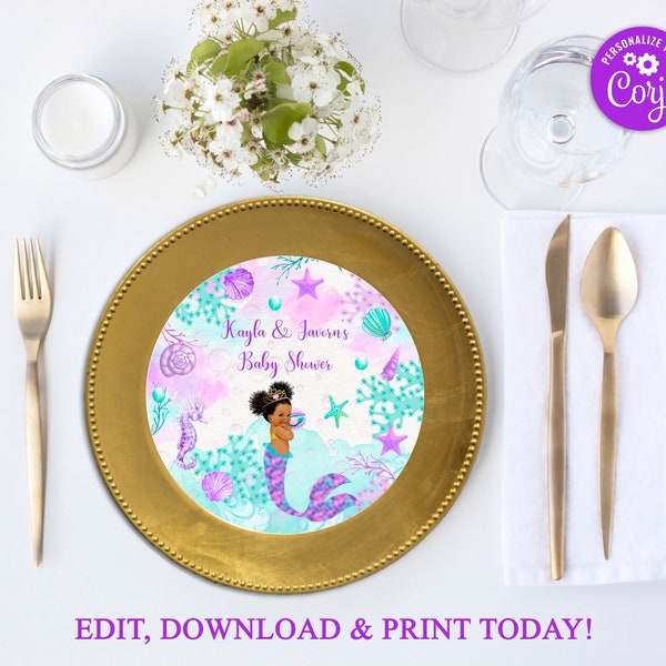 Printable Charger Plate Insert Or Centerpiece, Mermaid Baby Shower, Under the Sea, 1st Birthday, DOWNLOAD Instantly, EDITABLE In Corjl, BS56