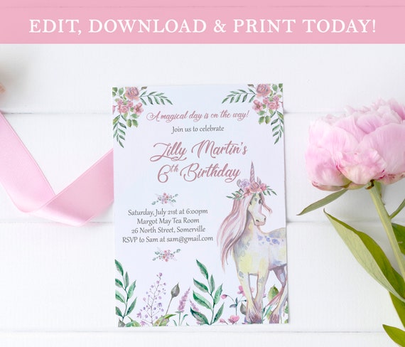 Editable Unicorn Birthday Invitation Girl Unicorn Party | Etsy