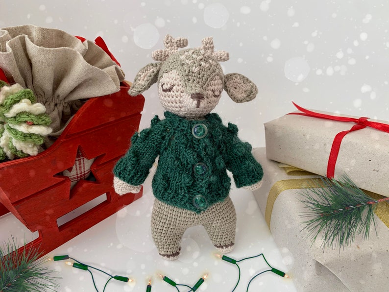 Crochet Amigurumi Reindeer, Handmade Toy, Soft Toy, Kids Gift, Stuffed ReinDeer, Christmas Crochet Doll, Cardigan, Dressed Toy image 1