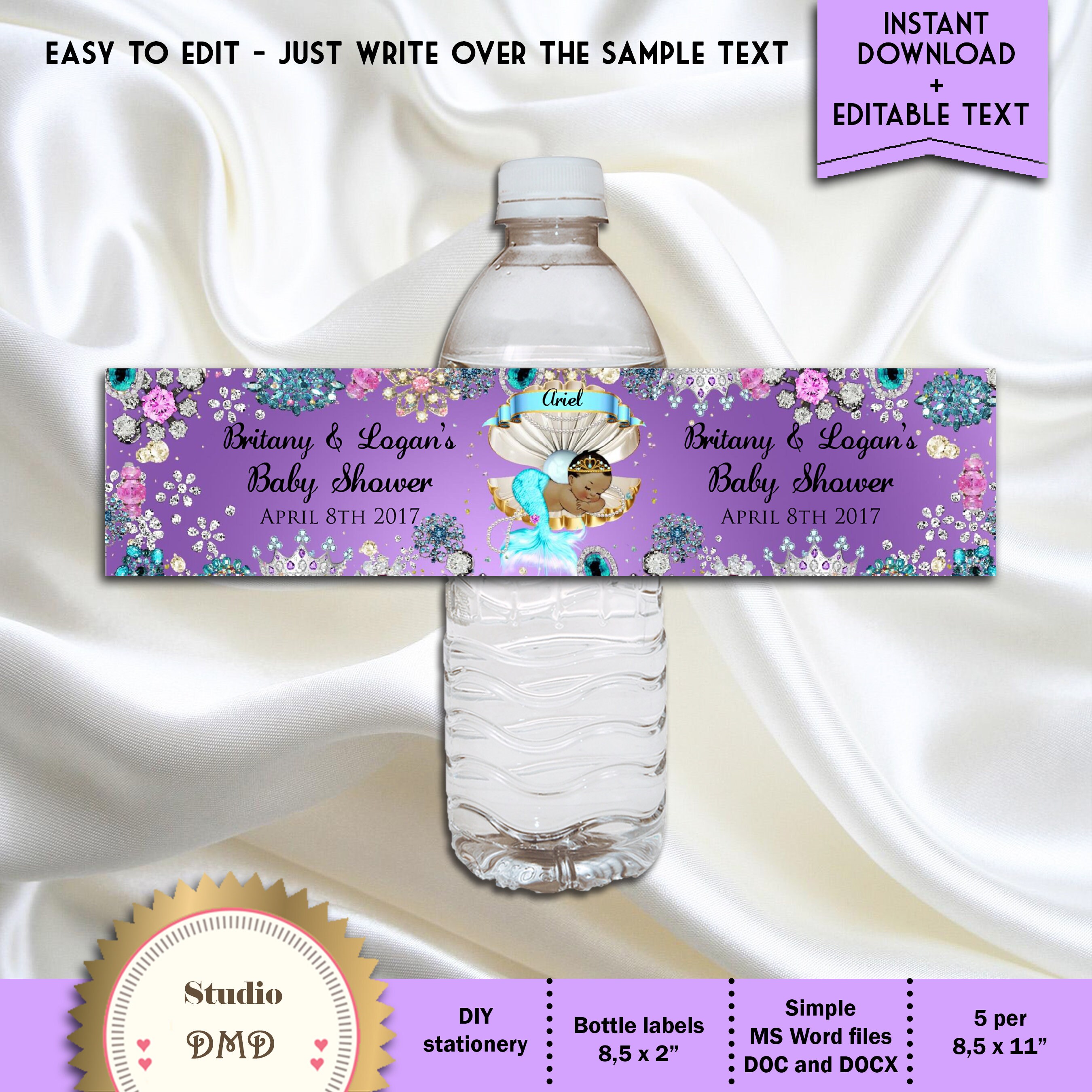 Printable Baby Shower Water Bottle Labels Little Mermaid Etsy