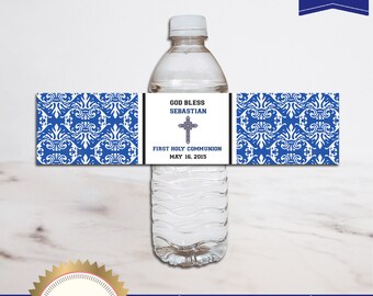 Printable Water Bottle Labels, Boy's Blue First Holy Communion - Digital File, EDITABLE TEXT in Word, FC01