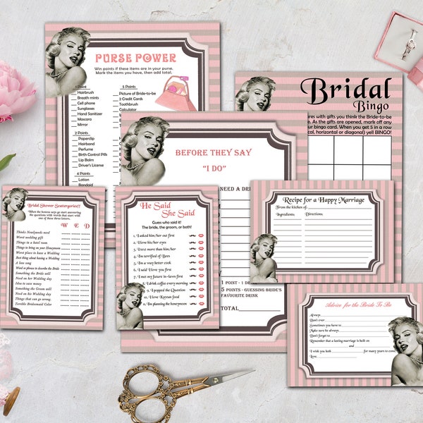 Printable Bridal Shower Game Set, Vintage Hollywood Bridal Shower, Pink and Grey, Old Hollywood Shower - INSTANT Download, WB25