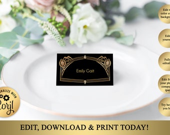 Great Gatsby Style Art Deco Wedding Escort Card Template, Place Card Tent Style, White Gold, DOWNLOAD Instantly, Editable in Corjl, GG02