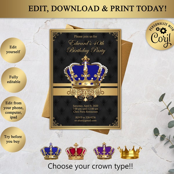 Royal Birthday Invitation, Jewel in the Crown Party Invitation, Royal Party Invite, Adult Surprise Birthday, Elegant - Editable in Corjl